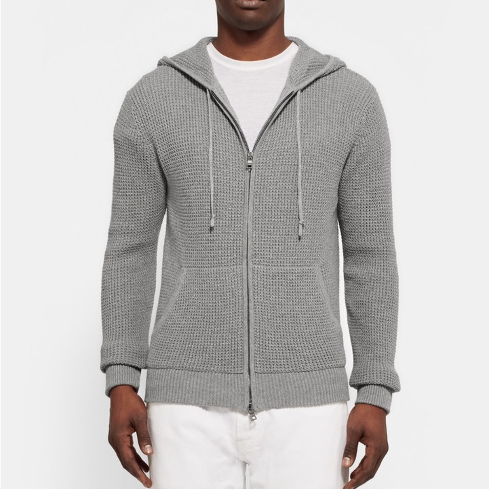 SOLD !!!!!!! Hoodie Men XL Gray Waffle Knit 100% Cashmere Full Zip Preppy